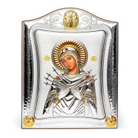 Срібна Ікона Семистрільна Божа Матір 20х25см у срібній рамці, прикрашена позолотою