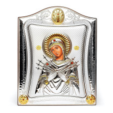 Срібна Ікона Семистрільна Божа Матір 20х25см у срібній рамці, прикрашена позолотою