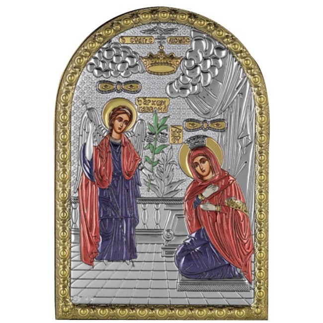 Икона Благовещения Божией Матери 5х7см серебряная на пластику украшена разноцветной эмалью