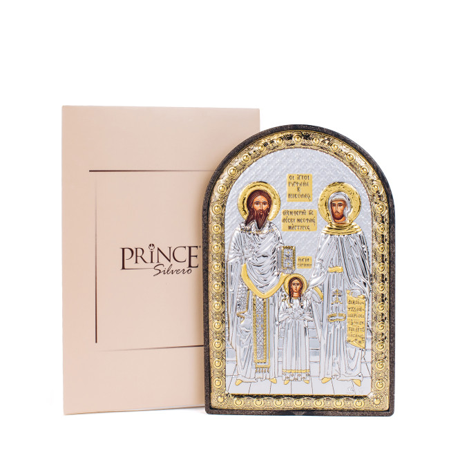 Ікона Св. Рафаіл, Миколай і Ірина 4,2х5,8см срібна  на пластику арковоЇ форми