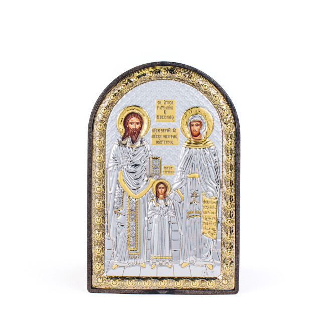 Ікона Св. Рафаіл, Миколай і Ірина 4,2х5,8см срібна  на пластику арковоЇ форми