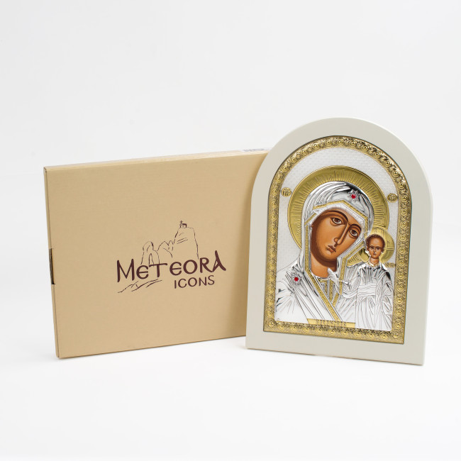 Срібна Ікона Казанська Божа Матір на білому дереві 15х21см (Греція)