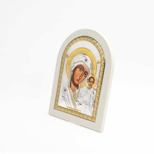 Срібна Ікона Казанська Божа Матір на білому дереві 15х21см (Греція)