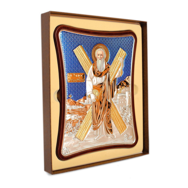 Ікона Андрія Первозванного 12x15см на синьому фоні в дерев'яному витягнутому кіоті 