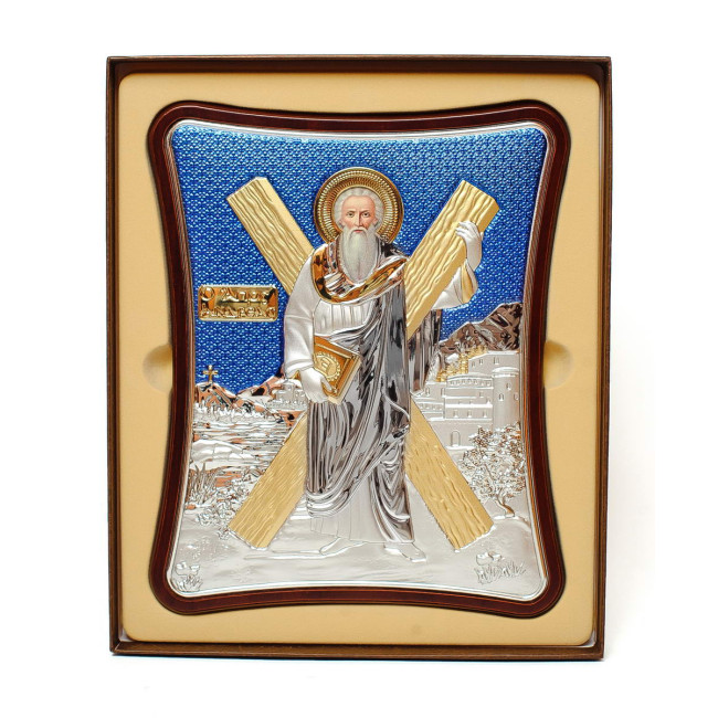 Ікона Андрія Первозванного 12x15см на синьому фоні в дерев'яному витягнутому кіоті 