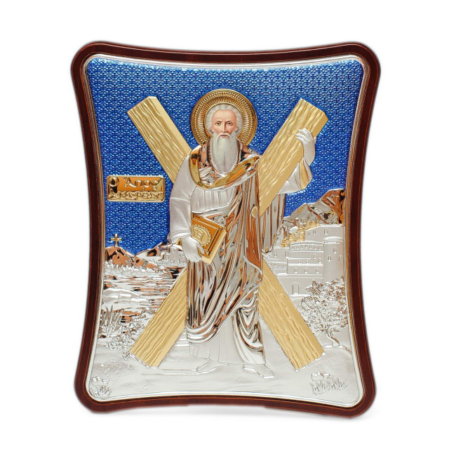 Ікона Андрія Первозванного 12x15см на синьому фоні в дерев'яному витягнутому кіоті 