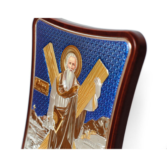 Ікона Андрія Первозванного 12x15см на синьому фоні в дерев'яному витягнутому кіоті 