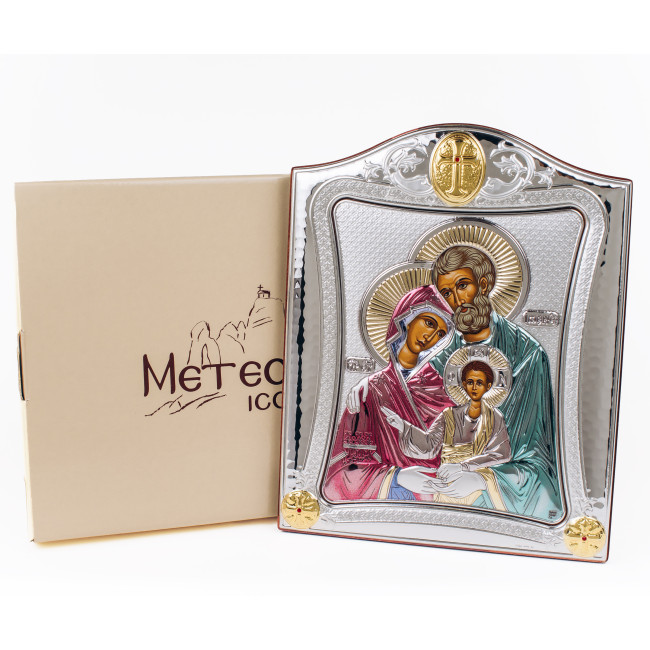 Ікона Святе Сімейство 9,5x12,5см з різнобарвною емалью в срібній рамці з позолотою 