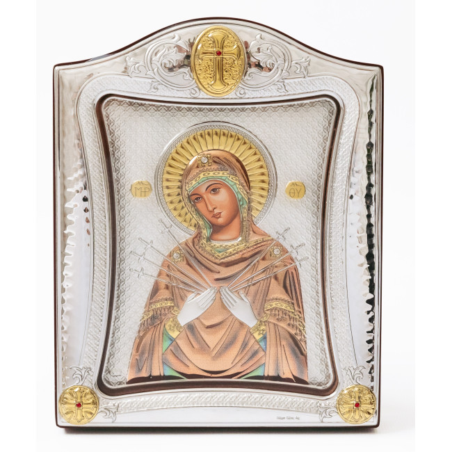 Семистрільна Ікона 15,5x19,5см з різнобарвною емалью в срібній рамці з позолотою під склом