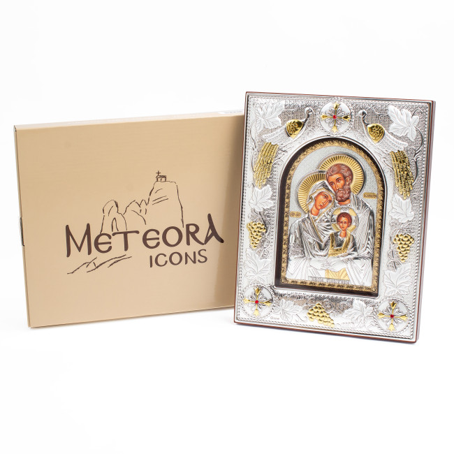 Икона Святое Семейство 20x25x3см в серебряной прямоугольной рамке с позолотой под стеклом