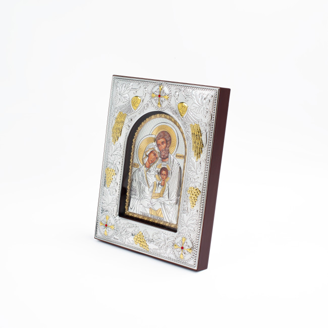 Икона Святое Семейство 20x25x3см в серебряной прямоугольной рамке с позолотой под стеклом