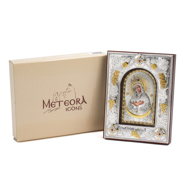 Остробрамська Ікона Божої Матері 14x18x3см в срібній прямокутній рамці з позолотою під склом