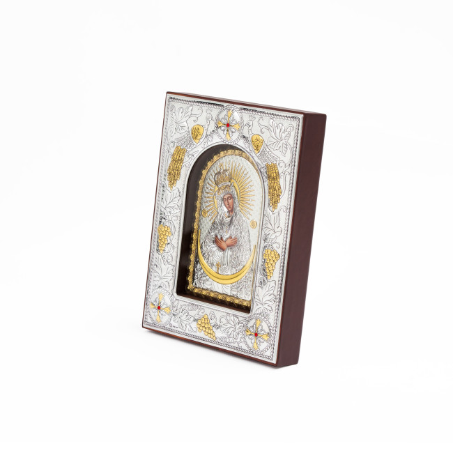 Остробрамська Ікона Божої Матері 14x18x3см в срібній прямокутній рамці з позолотою під склом