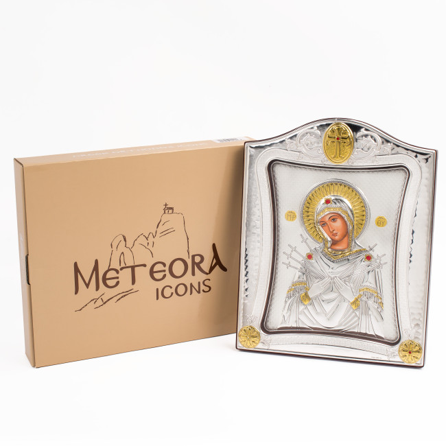 Семистрільна Ікона Божої Матері 20x25см під склом в срібні рамці MA/E3414/1X-K