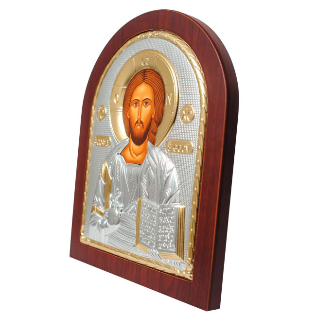 Срібна Ікона Ісуса Христа Спасителя 8,1х9,7см арочної форми на дереві з рамкою EP2-001XAG/P