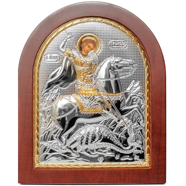 Срібна Ікона Святого Юрія (Георгія) Змієборця 20х25см арочної форми на дереві з рамкою EP5-010XAG/P
