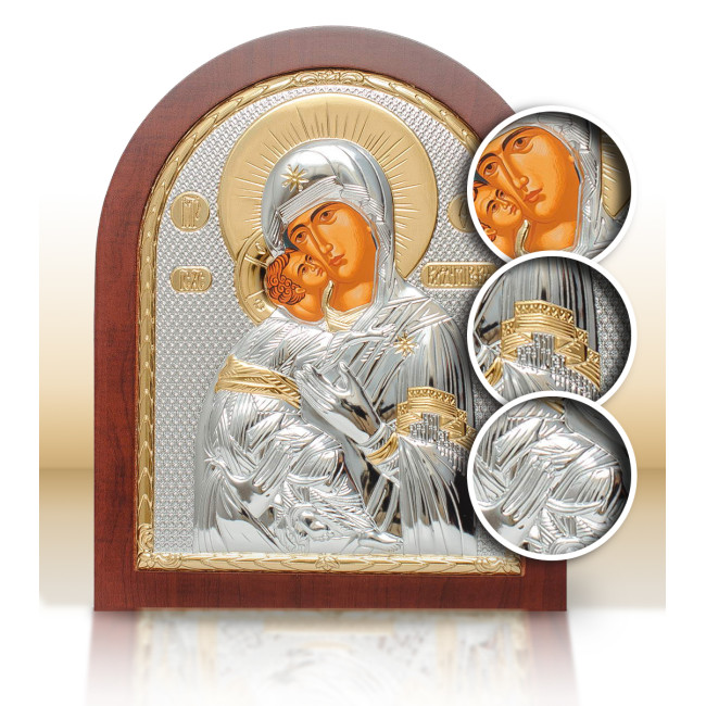 Серебряная Икона Владимирской Божьей Матери 10,7х12,8см арочной формы на дереве с рамкой EP3-007XAG/P