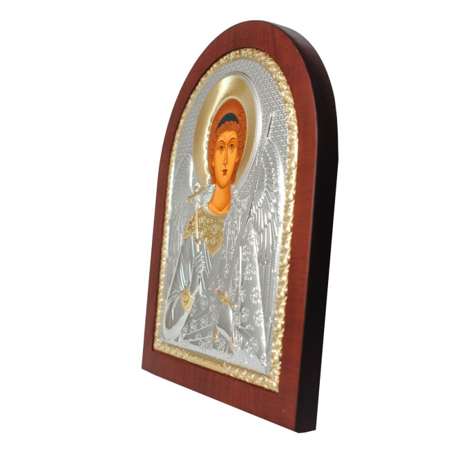 Серебряная Икона Святого Ангел Хранитель 10,7х12,8см арочной формы на дереве с рамкой EP3-172XAG/P