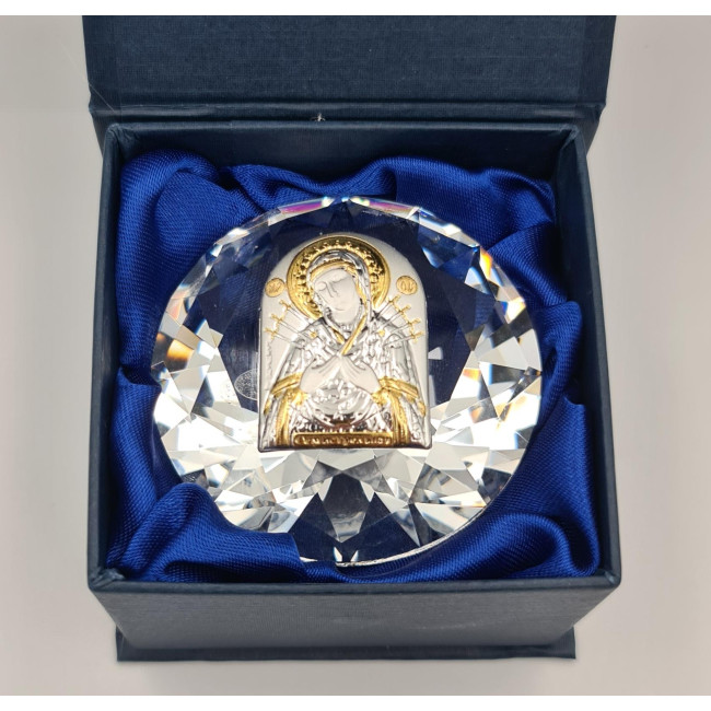 Срібна ікона Семистрільна Божа Матір в кришталі 6,1х6,1 см 