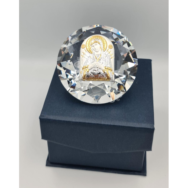 Срібна ікона Семистрільна Божа Матір в кришталі 6,1х6,1 см 