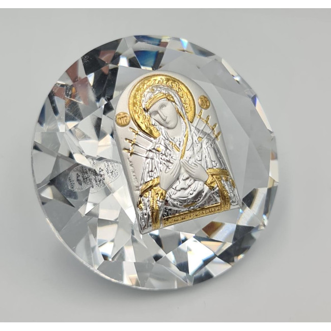 Срібна ікона Семистрільна Божа Матір в кришталі 6,1х6,1 см 