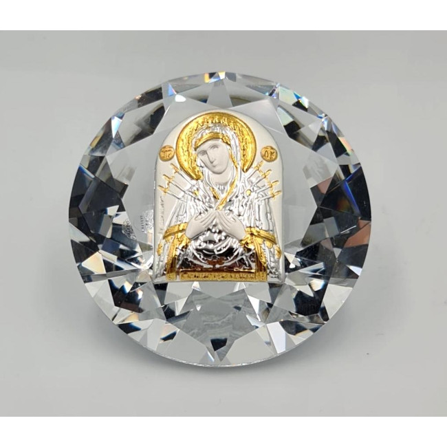 Срібна ікона Семистрільна Божа Матір в кришталі 6,1х6,1 см 