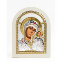 Серебряная Икона Казанская Божья Матерь на белом дереве 15х21см (Греция)