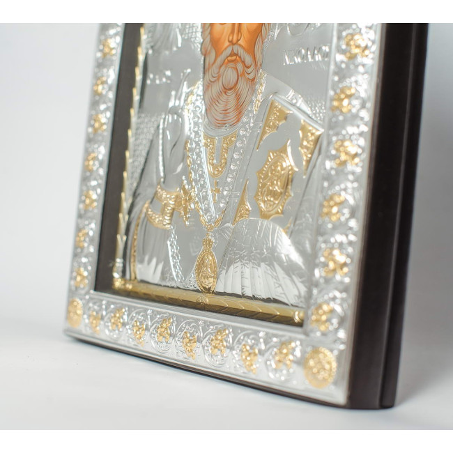 Святий Миколай 21х26 см, Срібна Ікона під Склом обтягнута темною шкірою (Греція)