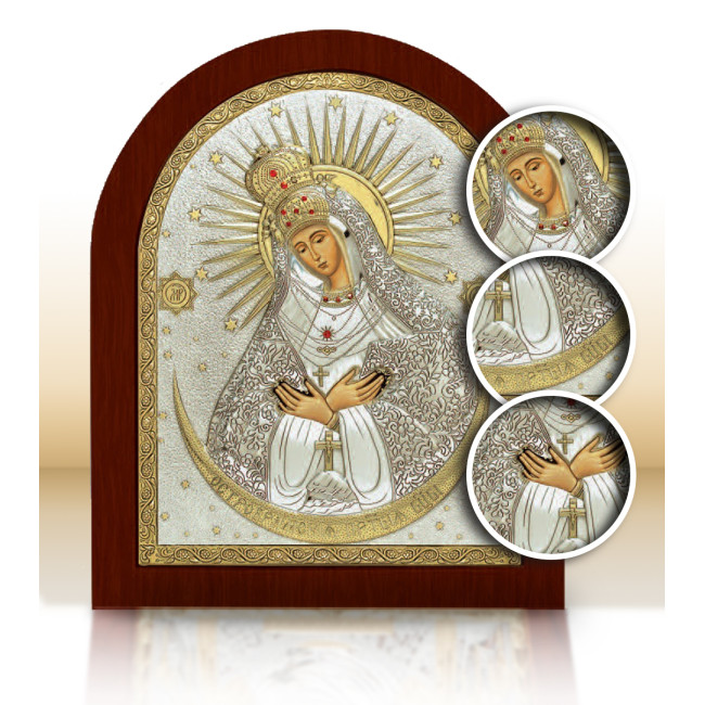 Срібна Ікона Остробрамської Божої Матері 20х25см арочної форми на дереві з рамкою EP5-067XAG/P
