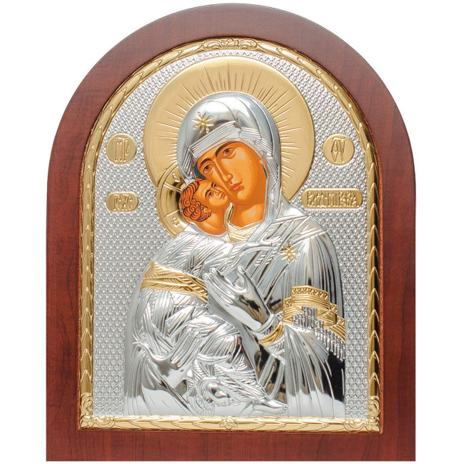 Срібна Ікона Вишгородської (Володимирської) Божої Матері 20х25см арочної форми на дереві з рамкою EP5-007XAG/P