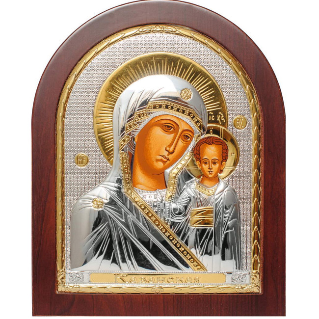 Срібна Ікона Казанської Божої Матері 20х25см арочної форми на дереві з рамкою EP5-004XAG/P