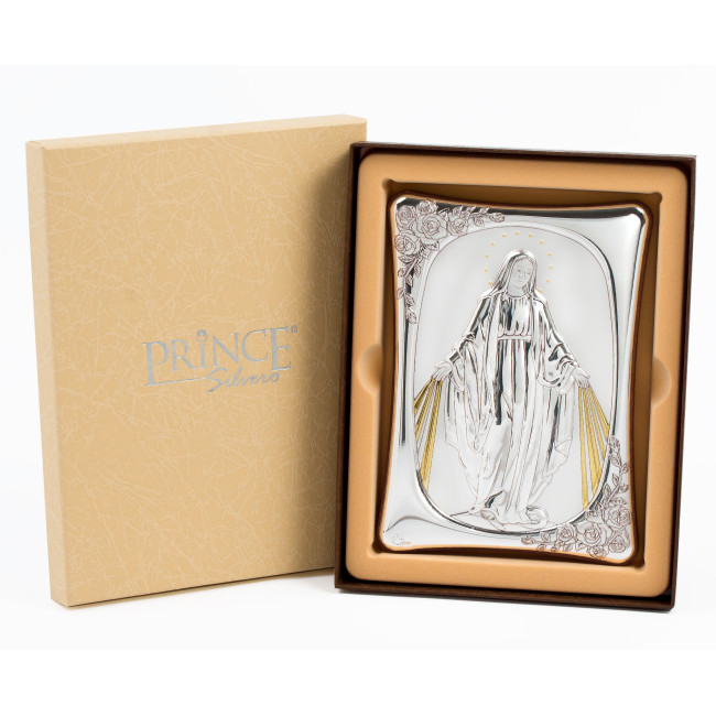 Марія з сонячними променями. Італійська ікона 15х21см Срібний оклад із позолотою