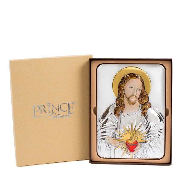 Серце Ісуса 10х14см. Срібна ікона, прикрашена емаллю та позолотою