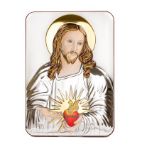 Серце Ісуса 10х14см. Срібна ікона, прикрашена емаллю та позолотою