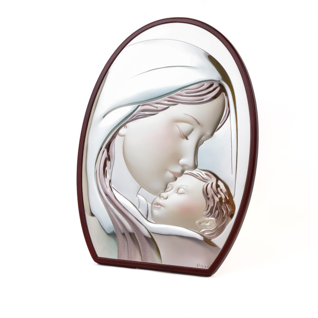 Срібна ікона "Марія з немовлям" у католицькому стилі, вкрита емаллю 45х60 мм