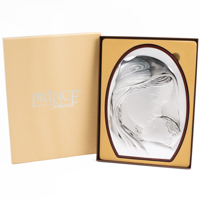 Ікона срібна "Марія з немовлям" у католицькому стилі 28х20cм