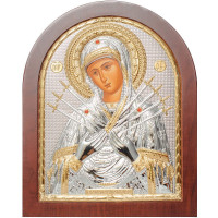 Серебряная икона Семистрельная Божья Матерь 5,2х6,8 см ( Греция ) с позолотой
