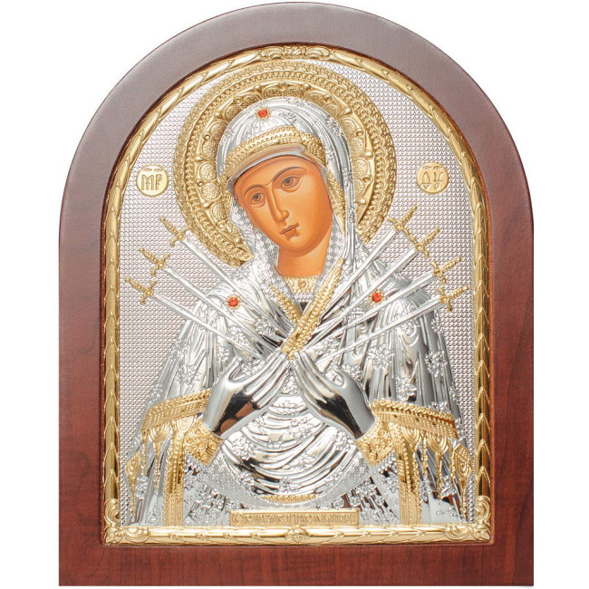 Срібна ікона Семистрільна Божа Матір (Греція) з позолотою 25х20см