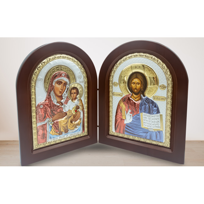 Диптих Єрусалимська Богородиця та Ісус 15х21см срібний оклад, прикрашений різнобарвною емаллю