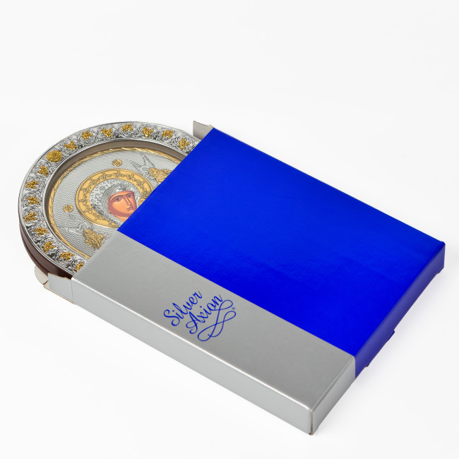 Страсна Божа Матір 21х26 см срібна ікона з позолотою під склом, обгорнута в шкіру (Греція)