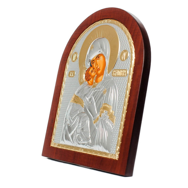 Срібна Ікона Вишгородської (Володимирської) Божої Матері 5,2х6,8см арочної форми на дереві з рамкою EP1-007XAG/P