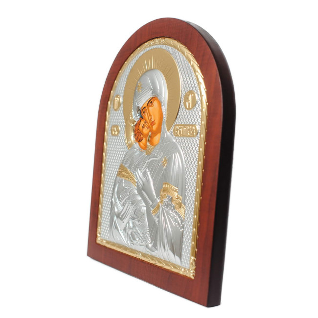 Срібна Ікона Вишгородської (Володимирської) Божої Матері 5,2х6,8см арочної форми на дереві з рамкою EP1-007XAG/P