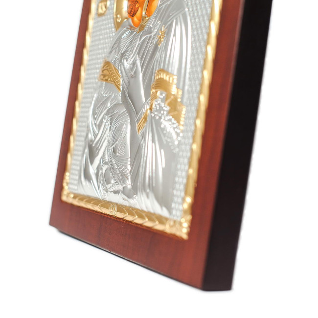 Срібна Ікона Вишгородської (Володимирської) Божої Матері 5,2х6,8см арочної форми на дереві з рамкою EP1-007XAG/P