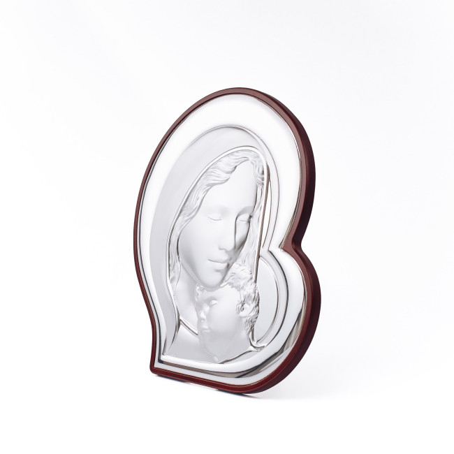 Срібна Ікона у формі серця Богородиця з Немовлям 27x31см в італійському іконографічному стилі