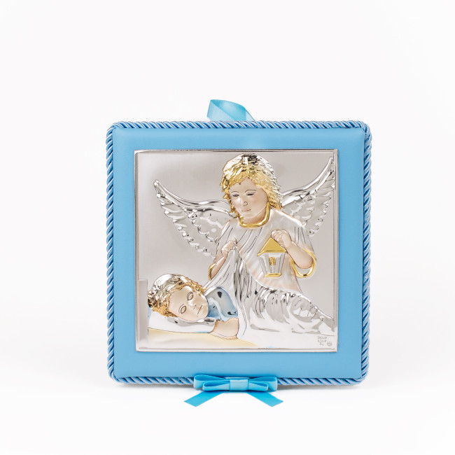 Подарункова Іконка Ангела Хранителя 14х14см на синій подушечці з музикою