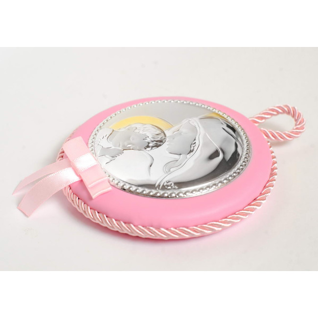 Дитяча срібна іконка Марії з Дитиною d10,5см на рожевій подушечці з музикою