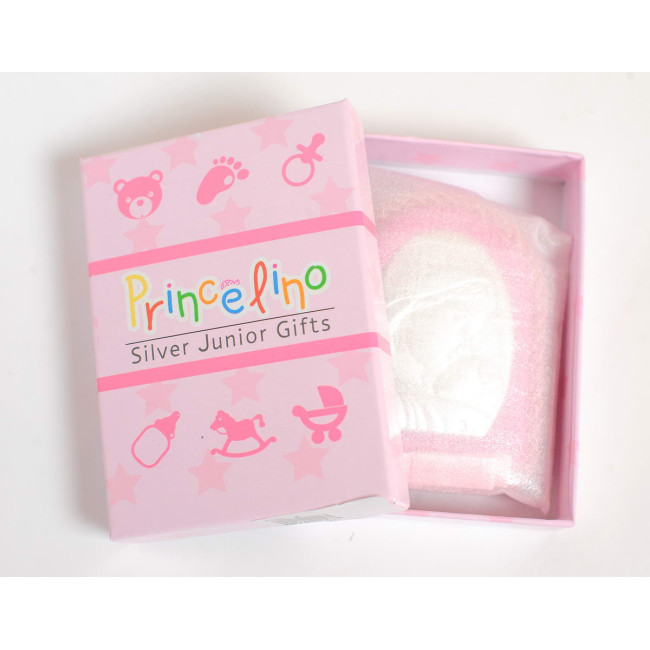 Серебрняная детская иконка Мария с Младенцем 7х9см украшена эмалью на розавой подушечке