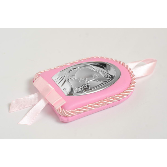 Серебрняная детская иконка Мария с Младенцем 7х9см украшена эмалью на розавой подушечке