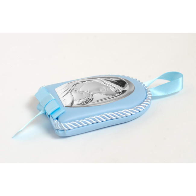 Серебряная детская иконка на синей подушечке (7 х 9см)