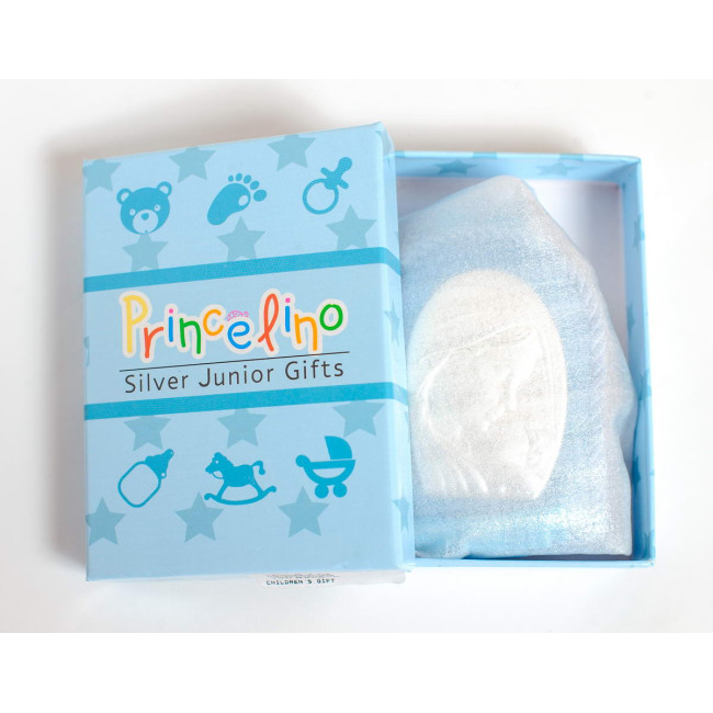 Серебряная детская иконка на синей подушечке (7 х 9см)